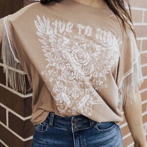 VOCAL Tunic Top Small Cotton Live To Ride Metal Fringe Short Sleeve Punk Moto